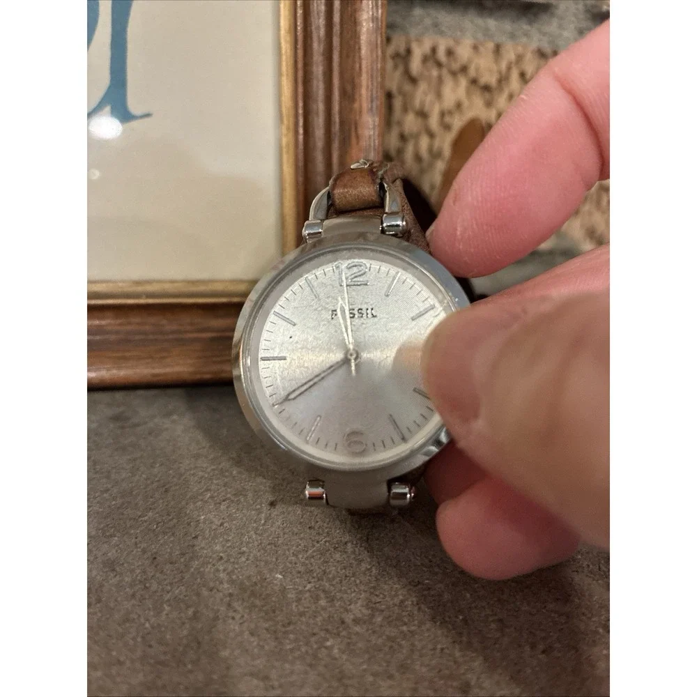 Fossil Georgia ES3060 Women's Slim Brown Leather Strap Analog Silver Dial Watch